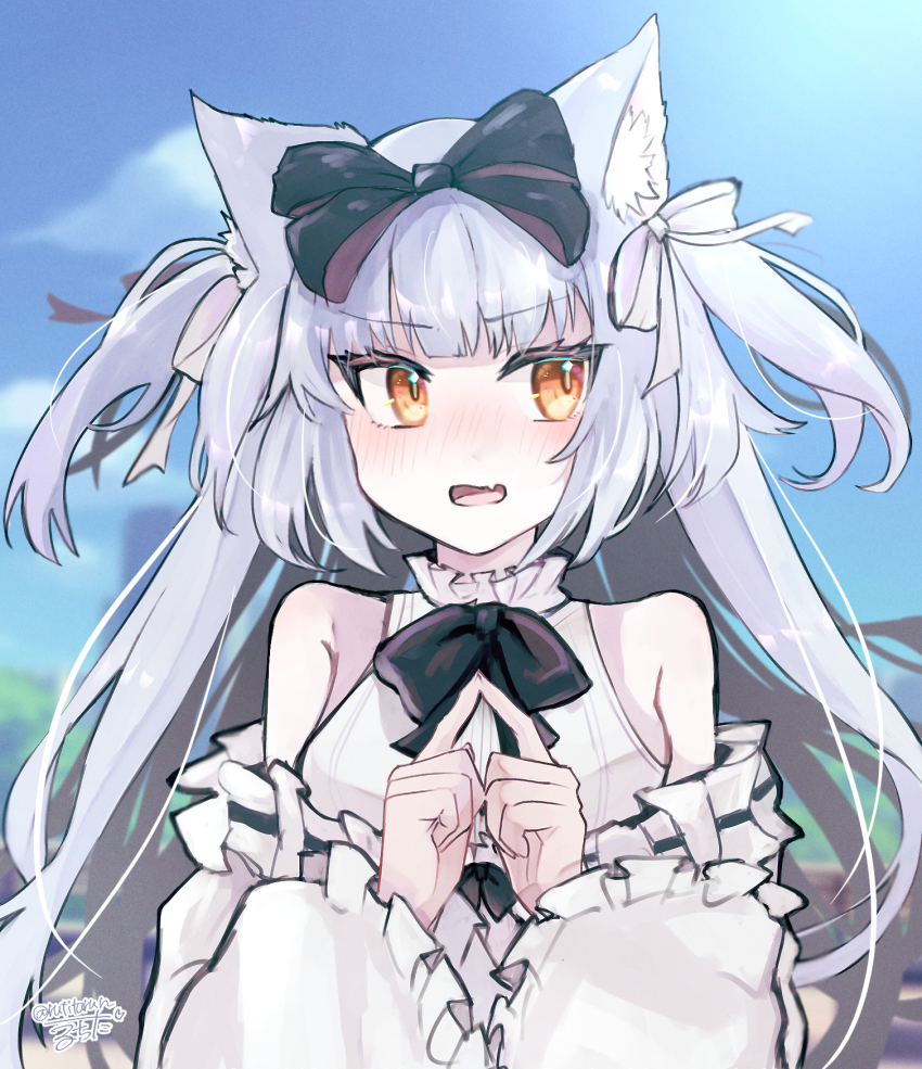 1girl animal_ear_fluff animal_ears averting_eyes azur_lane bare_shoulders black_bow blush bow cat_ears collar commentary_request dress embarrassed fang frilled_collar frilled_dress frilled_sleeves frills hair_bow hair_ribbon hands_up highres index_fingers_together long_hair long_sleeves official_alternate_costume open_mouth orange_eyes ribbon ruchita signature skin_fang solo two_side_up upper_body white_hair white_ribbon yukikaze_(azur_lane) yukikaze_(sovereign_of_the_swing)_(azur_lane)