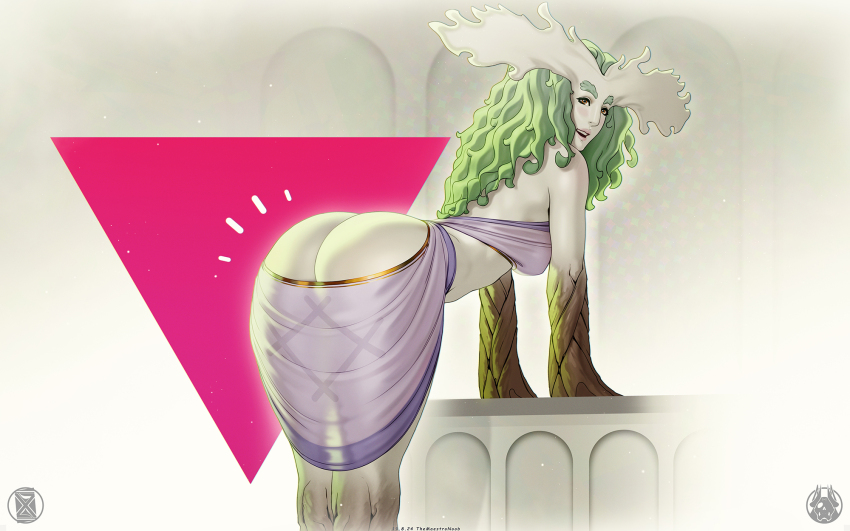 1girl artist_logo artist_name ass colored_skin commentary dated english_commentary green_hair highres logo long_hair monster_girl original plant_girl plant_hair solo themaestronoob tree_bark white_skin