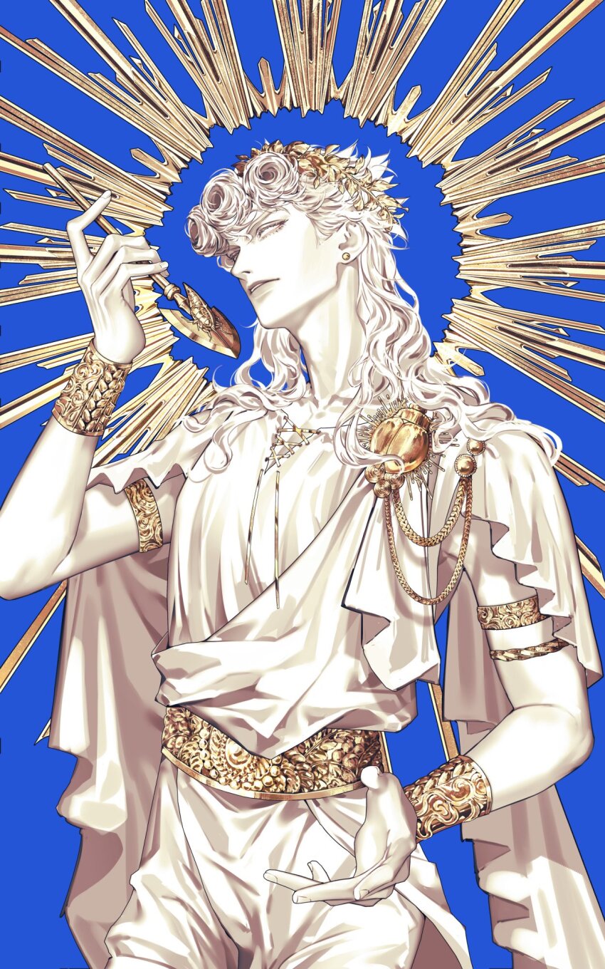 1boy alternate_costume alternate_hairstyle ancient_greek_clothes armlet arrow_(jojo) arrow_(projectile) blue_background bracelet cowboy_shot earrings giorno_giovanna gold_belt gold_bracelet greco-roman_clothes head_wreath highres holding holding_arrow jewelry jojo_no_kimyou_na_bouken ladybug_ornament laurel_crown long_hair male_focus robe solo statue sunburst toga vento_aureo wavy_hair white_robe zhhy3324