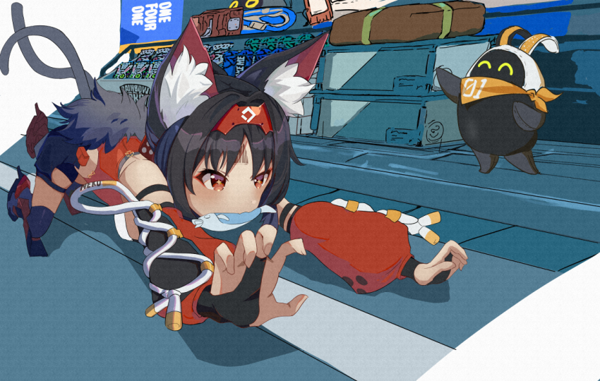 +_+ all_fours animal_ear_fluff animal_ears bangboo_(zenless_zone_zero) black_hair cat_ears cat_girl cat_tail chinese_commentary commentary_request crate detached_sleeves english_text eous_(zenless_zone_zero) fingerless_gloves fish_in_mouth fur_trim gloves kneehighs multiple_tails nekomiya_mana night_knife outdoors paper_texture reaching reaching_towards_viewer road running shin_guards socks solo_focus street tail tail_raised two_tails urban zenless_zone_zero
