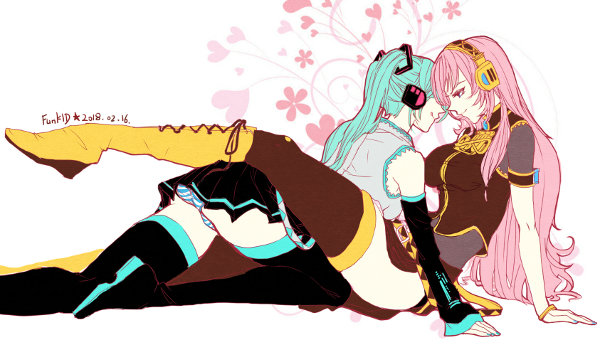 2girls aqua_hair aqua_nails belt blue_nails boots brown_pantyhose crawling female_focus funkid hatsune_miku headphones highres kneeling leg_up long_hair megurine_luka multiple_girls panties pantyhose pink_hair shoelaces sitting skirt striped_clothes striped_panties twintails underwear vocaloid yuri