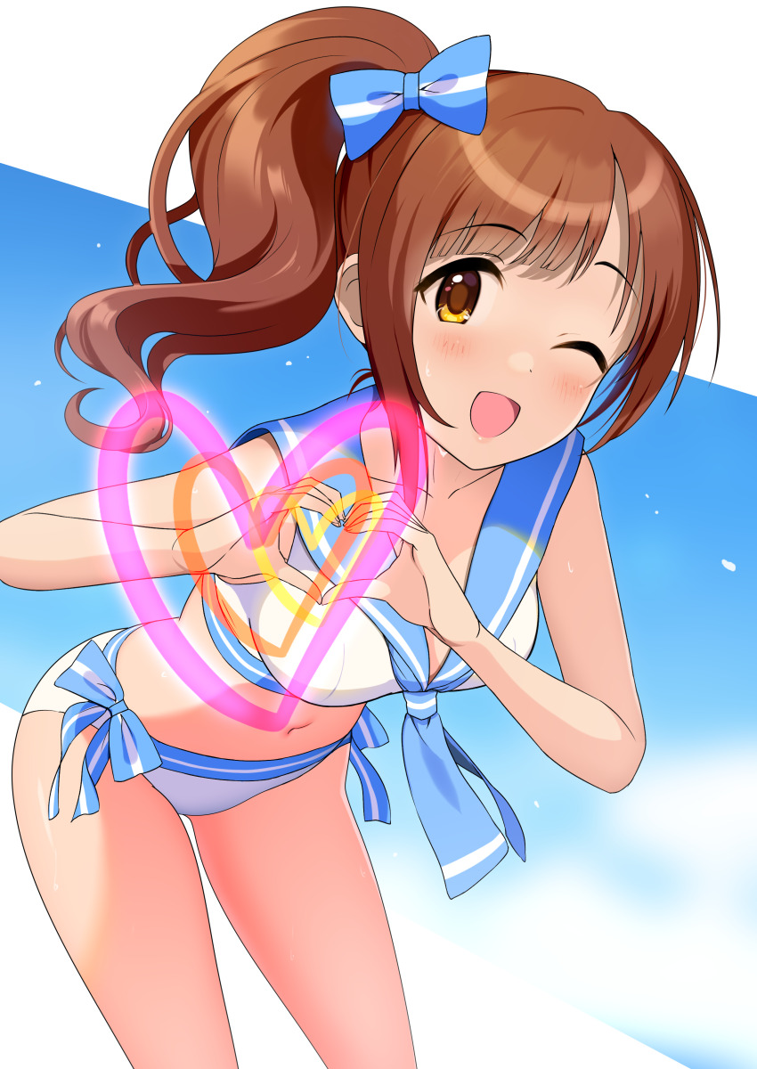 1girl ;d absurdres bare_arms bent_over bikini blue_bow blue_necktie blue_sailor_collar bow brown_hair collarbone hair_bow heart heart_hands highres idolmaster idolmaster_cinderella_girls igarashi_kyoko long_hair looking_at_viewer natsuya_(natuya777) navel necktie one_eye_closed open_mouth sailor_bikini sailor_collar sailor_swimsuit_(idolmaster) side-tie_bikini_bottom side_ponytail smile solo standing swimsuit white_bikini yellow_eyes