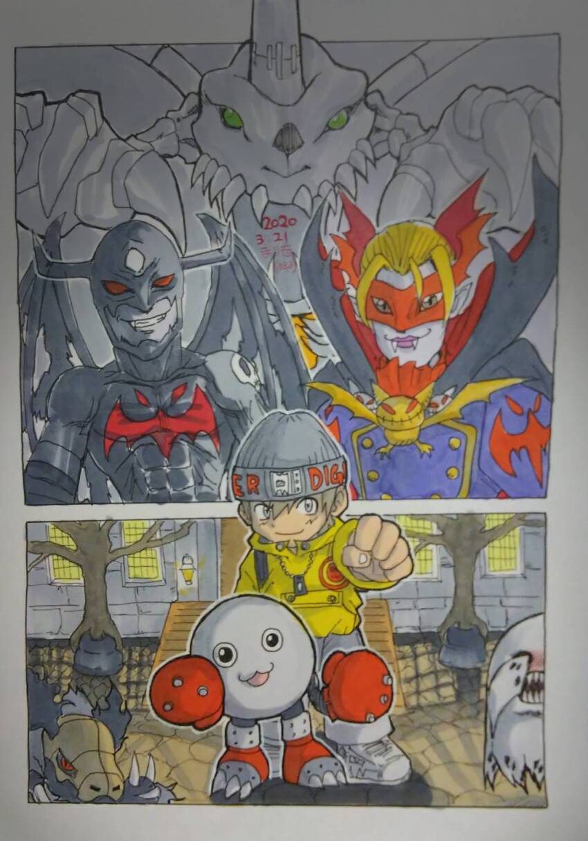 bakemon darklizamon devimon digimon digimon_(creature) ghost hat highres mamemon sharp_teeth skeleton skull skullgreymon smile teeth vamdemon