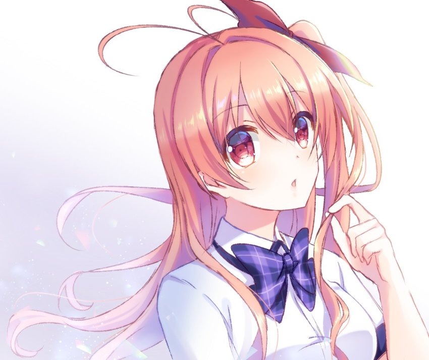 1girl antenna_hair blue_neckwear bow bowtie brown_hair chaos;head dress_shirt floating_hair hair_between_eyes hair_bow hair_intakes long_hair nishijou_myu open_mouth plaid_bow plaid_bowtie plaid_clothes plaid_neckwear red_bow red_eyes sakihata_rimi school_uniform shirt short_sleeves side_ponytail solo upper_body very_long_hair white_background white_shirt