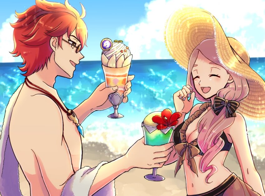 1boy 1girl beach bikini black_bikini blonde_hair breasts cleavage closed_eyes fire_emblem fire_emblem:_three_houses fire_emblem_heroes food gogatsu_(yeaholiday) hat ice_cream jewelry long_hair medium_breasts mercedes_von_martritz mercedes_von_martritz_(summer) necklace nintendo ocean official_alternate_costume orange_hair outdoors sarong see-through_clothes see-through_sarong smoothie sun_hat sunglasses swimsuit sylvain_jose_gautier yellow_eyes