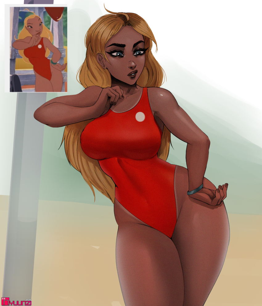 1girl artist_name blonde_hair blue_eyes bracelet breasts cleavage curvy dark-skinned_female dark_skin highres jewelry large_breasts lifeguard lifeguard_(lilo_&amp;_stitch) lilo_&amp;_stitch long_hair looking_to_the_side nyuunzi one-piece_swimsuit red_one-piece_swimsuit reference_inset solo swimsuit tan tanline