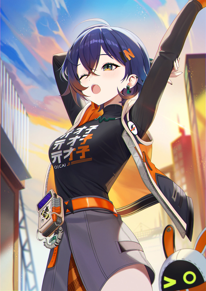 1girl absurdres arms_up belle_(zenless_zone_zero) belt black_shirt blue_hair breasts cowboy_shot crossed_bangs eous_(zenless_zone_zero) green_eyes grey_skirt hair_ornament highres jacket large_breasts letter_hair_ornament melreon one_eye_closed open_mouth orange_belt orange_jacket outdoors shirt short_hair skirt sleeveless sleeveless_jacket solo stretching zenless_zone_zero