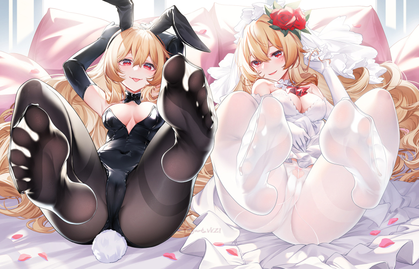 2girls armpits bare_shoulders black_pantyhose blonde_hair breasts cleavage dress elbow_gloves foot_focus gloves leotard long_hair multiple_girls original pantyhose playboy_bunny red_eyes soles suaynnai_wanzi wedding_dress white_pantyhose