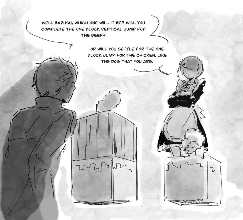 1boy 1girl block_(minecraft) commentary crossed_arms english_commentary english_text grass_block greyscale hair_over_one_eye highres maid marggri minecraft minecraft_youtube monochrome natsuki_subaru one_eye_covered parkour_civilization ram_(re:zero) re:zero_kara_hajimeru_isekai_seikatsu roswaal_mansion_maid_uniform short_hair sketch speech_bubble