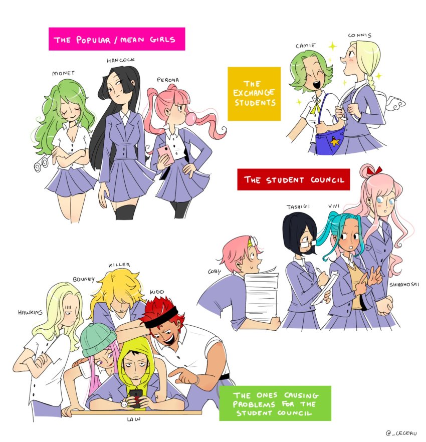 5boys 6+girls ^_^ alternate_costume alternate_universe aqua_hair arm_around_neck backpack bag basil_hawkins beanie black_hair blonde_hair blowing_bubble_gum blowing_bubbles boa_hancock braid braided_ponytail camie_(one_piece) cellphone cesel chewing_gum closed_eyes conis_(one_piece) contemporary english_text eustass_kid eyewear_on_head facial_hair glasses goatee green_hair hat headband height_difference high_ponytail highres holding holding_phone hood hood_up jacket jewelry_bonney killer_(one_piece) koby_(one_piece) leaning_forward long_hair long_sleeves looking_at_another monet_(one_piece) multiple_boys multiple_girls nefertari_vivi one_piece open_mouth own_hands_together perona phone pink_hair ponytail red_hair school_uniform shirahoshi shirt short_sleeves shoulder_bag single_braid skirt smartphone smile tall_female tan tashigi trafalgar_law twintails very_long_hair
