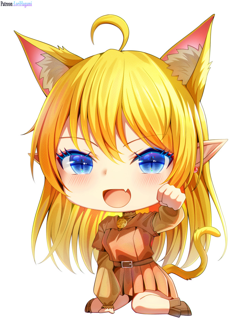 absurdres animal_ears belt blonde_hair blue_eyes cat_ears chibi commentary commission commissioner_upload dress elf flat_chest highres jewelry long_hair lori_hagami lotte_farona necklace official_art orange_dress orange_shirt orange_skirt pointy_ears shirt skirt ways_of_darkness_(series)