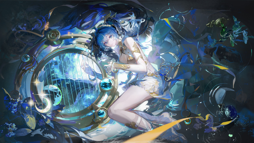 1girl absurdres ancient_greek_clothes armlet bare_shoulders barefoot black_skirt blue_eyes blue_hair breasts chinese_commentary cleavage closed_mouth commentary_request from_above gold_bra greco-roman_clothes hair_belt highres iuno_(wuthering_waves) jewelry laurel_crown leg_wrap long_hair looking_at_viewer lying medium_breasts miniskirt on_side partial_commentary ruoganzhao skirt smile solo thighs very_long_hair wuthering_waves