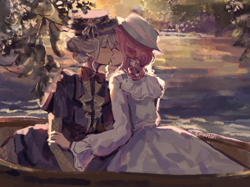 2girls blue_dress boat bow bowtie closed_eyes closed_mouth commentary dress emuutori english_commentary grey_dress grey_hair grey_hat hair_rings hand_on_another&#039;s_arm hat highres kiss kusanagi_nene long_sleeves multiple_girls on_boat ootori_emu outdoors painterly pink_hair project_sekai red_bow red_bowtie twitter_username water watercraft yuri