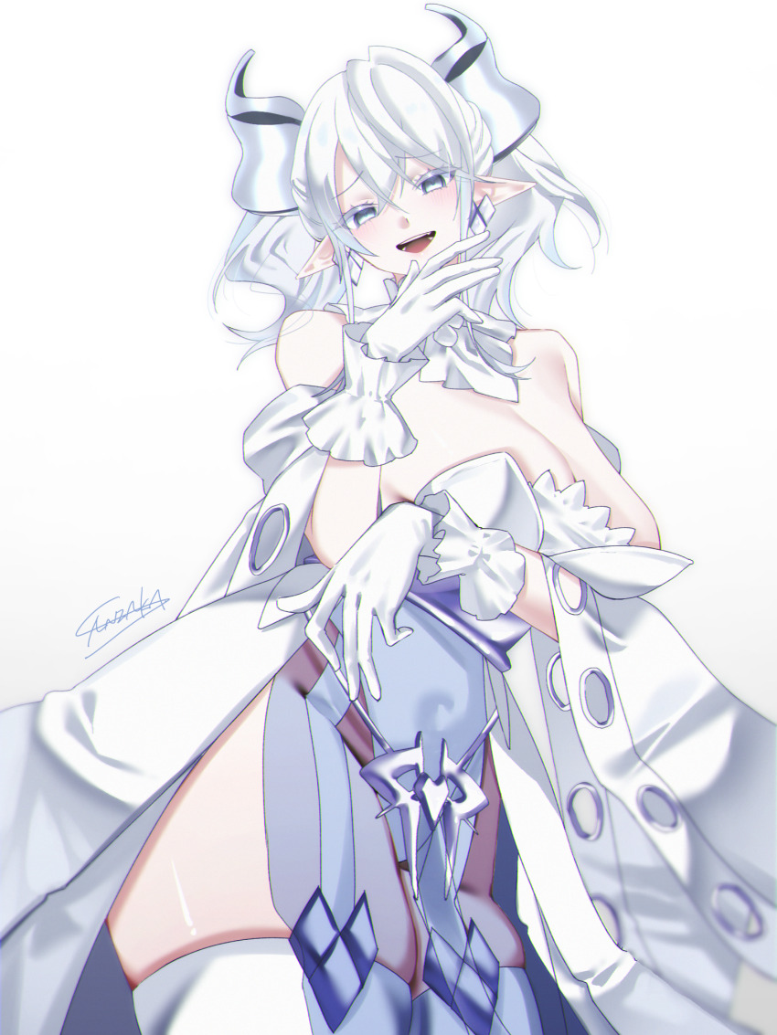 1girl bare_shoulders breasts cleavage cowboy_shot demon_girl demon_horns detached_sleeves dress drill_hair duel_monster earrings gloves highres horns huge_breasts jewelry lovely_labrynth_of_the_silver_castle ojou-sama_pose pointy_ears sanzakasun signature solo strapless strapless_dress twin_drills white_dress white_eyes white_gloves white_hair white_sleeves yu-gi-oh!