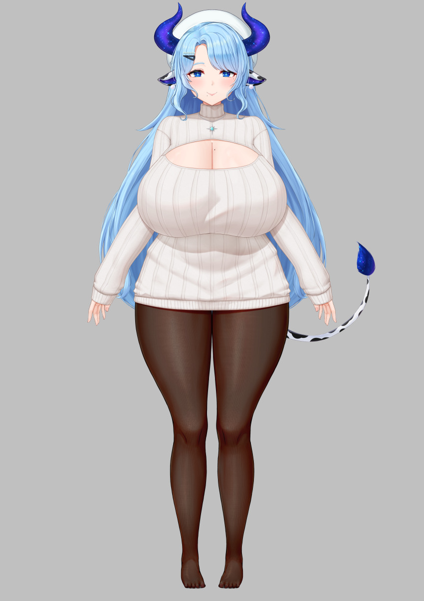 1girl absurdres animal_ears animal_print arms_at_sides blue_eyes blue_hair blue_horns blue_pupils breasts bright_pupils cleavage cleavage_cutout closed_mouth clothing_cutout cow_ears cow_girl cow_tail cream_cod feet full_body grey_background hair_ornament hairclip hat highres horns huge_breasts indie_virtual_youtuber jewelry long_hair long_sleeves miilkywayz mole mole_on_breast mole_under_eye mole_under_mouth necklace official_art open_hands pantyhose parted_bangs pom_pom_(clothes) second-party_source sidelocks simple_background sleeves_past_wrists solo standing star-shaped_pupils star_(symbol) straight-on sweater symbol-shaped_pupils tachi-e tail thick_thighs thighs turtleneck turtleneck_sweater virtual_youtuber white_hat white_sweater