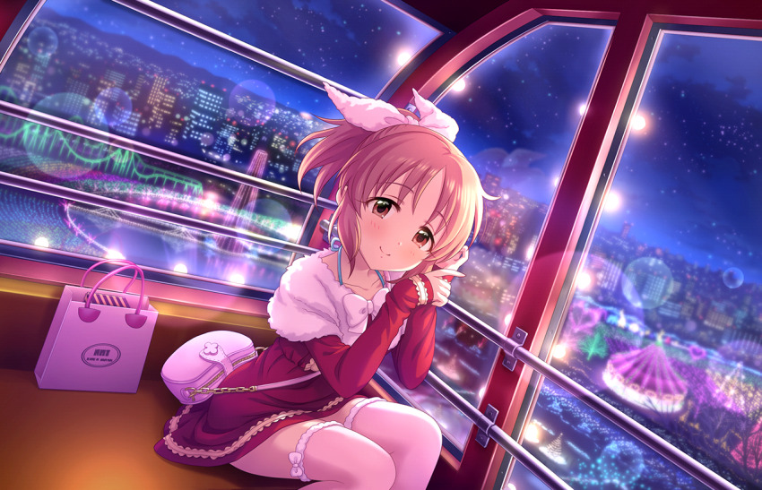 1girl abe_nana bag cityscape dress ferris_wheel_interior game_cg handbag idolmaster idolmaster_cinderella_girls idolmaster_cinderella_girls_starlight_stage long_sleeves official_art orange_eyes orange_hair ponytail sitting sky sleeves_past_wrists smile solo star_(sky) starry_sky thighhighs