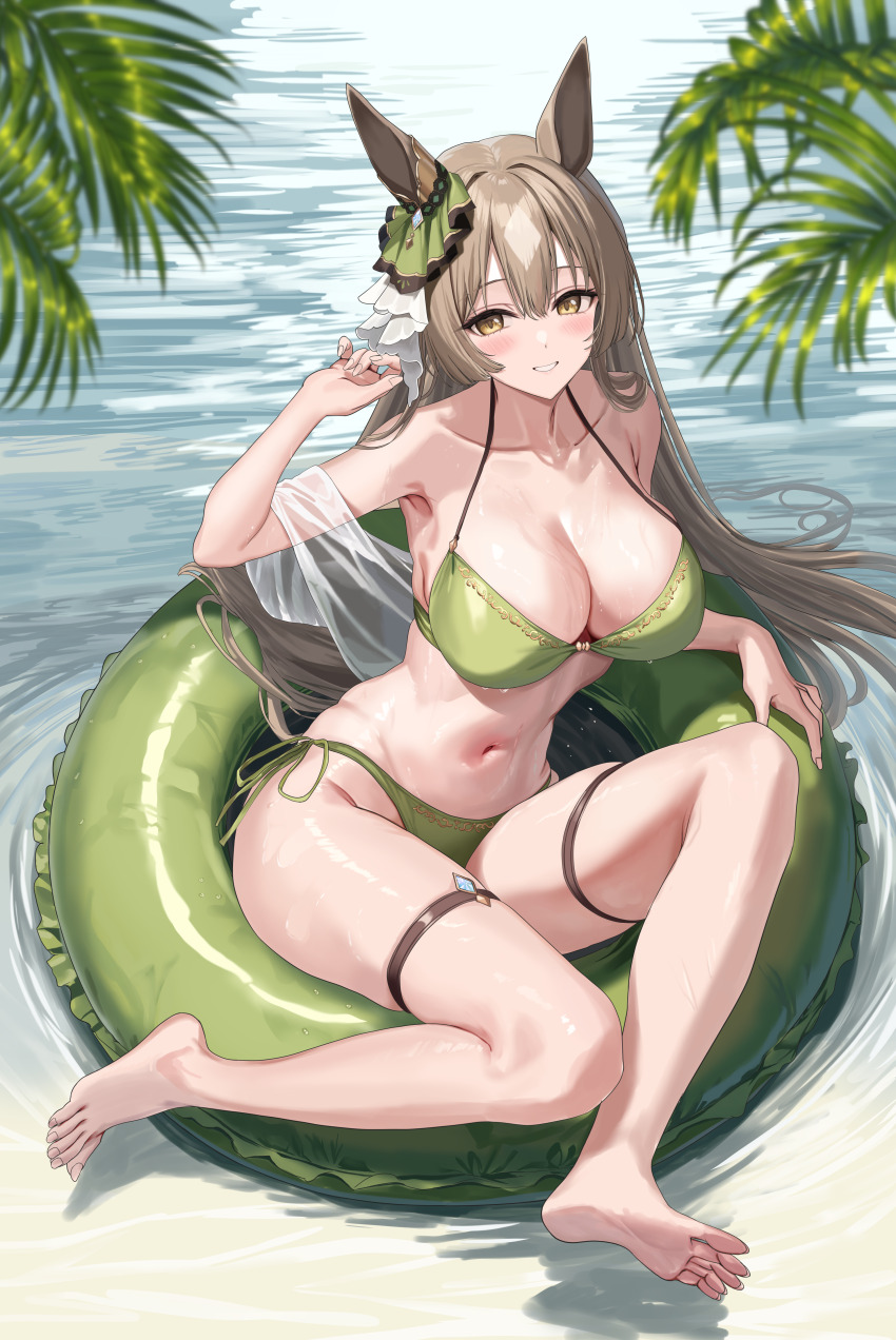 1girl :d absurdres animal_ears arm_up armpits barefoot bikini blush breasts brown_hair cleavage collarbone commentary commission ear_ornament full_body green_bikini green_ribbon grin hidis0086 highres horse_ears horse_girl horse_tail innertube large_breasts long_hair looking_at_viewer navel open_mouth parted_lips pixiv_commission ribbon satono_diamond_(umamusume) shawl side-tie_bikini_bottom sitting skindentation smile solo swim_ring swimsuit tail umamusume very_long_hair water wet yellow_eyes