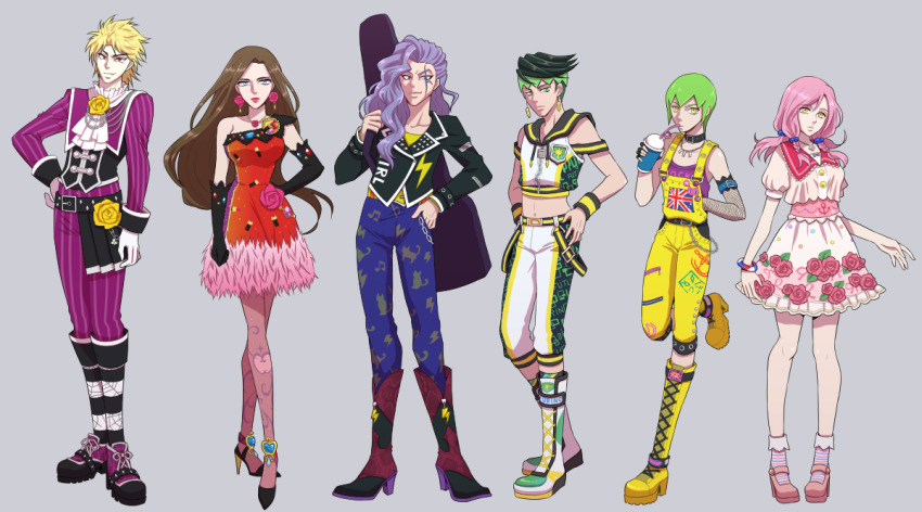 3boys 3girls alternate_costume ascot battle_tendency black_hair blonde_hair boots brown_hair diamond_wa_kudakenai dio_brando dress fashion flower_skirt foo_fighters_(jojo) green_hair guitar_case hirose_yasuho instrument_case jojo_no_kimyou_na_bouken jojolion kishibe_rohan lace-up_boots lisa_lisa multiple_boys multiple_girls otoishi_akira phantom_blood pink_hair pinstripe_pattern purple_hair red_dress sailor_collar stone_ocean striped umino_mo_kuzu
