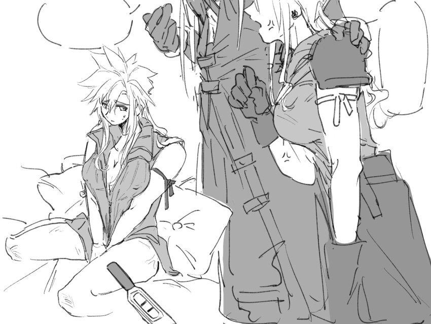 1boy 1girl angry arm_ribbon armor blank_speech_bubble breasts cleavage closed_mouth cloud_strife covered_erect_nipples earrings final_fantasy final_fantasy_vii final_fantasy_vii_advent_children genderswap genderswap_(mtf) gloves hand_on_another&#039;s_shoulder highres implied_pregnancy jewelry long_hair multiple_views nervous nervous_sweating no_pants on_bed open_mouth pauldrons pillow pregnancy_test ribbon sephiroth shoulder_armor single_earring single_pauldron sitting speech_bubble standing sweat waist_cape yaki00406