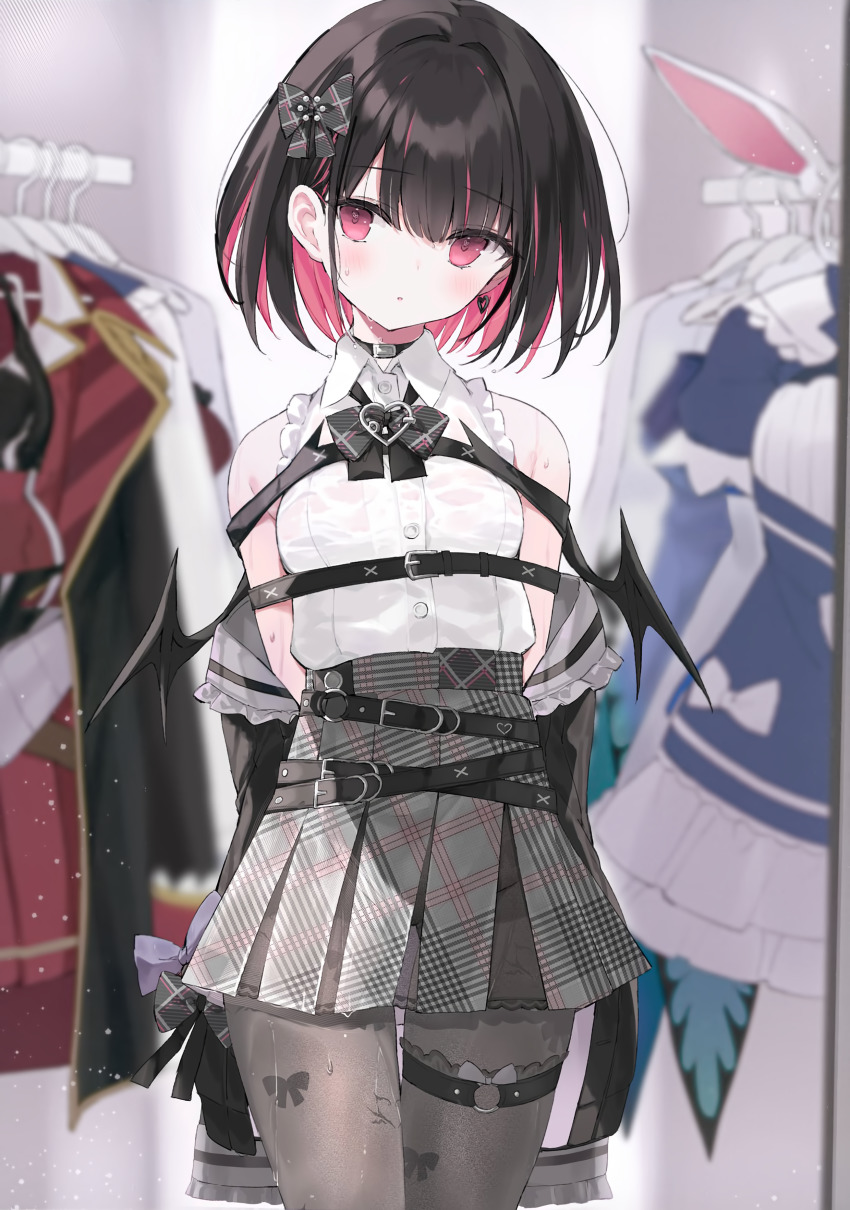 1girl absurdres arms_behind_back black_hair blush bow bow_print breasts buttons choker head_tilt highres indie_virtual_youtuber jacket long_sleeves looking_at_viewer multicolored_hair nanananana off_shoulder pantyhose pink_eyes pink_hair rikotan_(vtuber) scan short_hair simple_background skirt sleeveless small_breasts solo standing thigh_strap two-tone_hair virtual_youtuber water water_drop wet