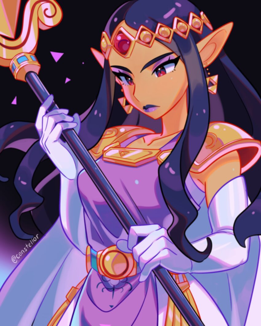 1girl absurdres armor breasts cape circlet commentary constellor earrings elbow_gloves gloves highres holding holding_staff jewelry long_hair medium_breasts nintendo pointy_ears princess_hilda purple_gloves purple_hair purple_lips red_eyes shoulder_armor sidelocks solo staff the_legend_of_zelda the_legend_of_zelda:_a_link_between_worlds triforce twitter_username white_cape
