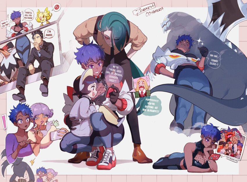 6+girls alternate_hairstyle arctibax arven_(pokemon) ass blonde_hair blue_hair breasts cleavage commentary dark-skinned_female dark_skin dendra_(pokemon) english_commentary english_text gen_4_pokemon hassel_(pokemon) highres jacket koraidon large_breasts larry_(pokemon) long_sleeves mole mole_under_eye mole_under_mouth multicolored_hair multiple_boys multiple_girls nemona_(pokemon) nintendo nyantcha open_mouth original penny_(pokemon) pokemon pokemon_(creature) pokemon_sv poppy_(pokemon) purple_eyes rika_(pokemon) school_uniform short_hair staraptor tomboy tulip_(pokemon) very_dark_skin zoraida_(nyantcha)