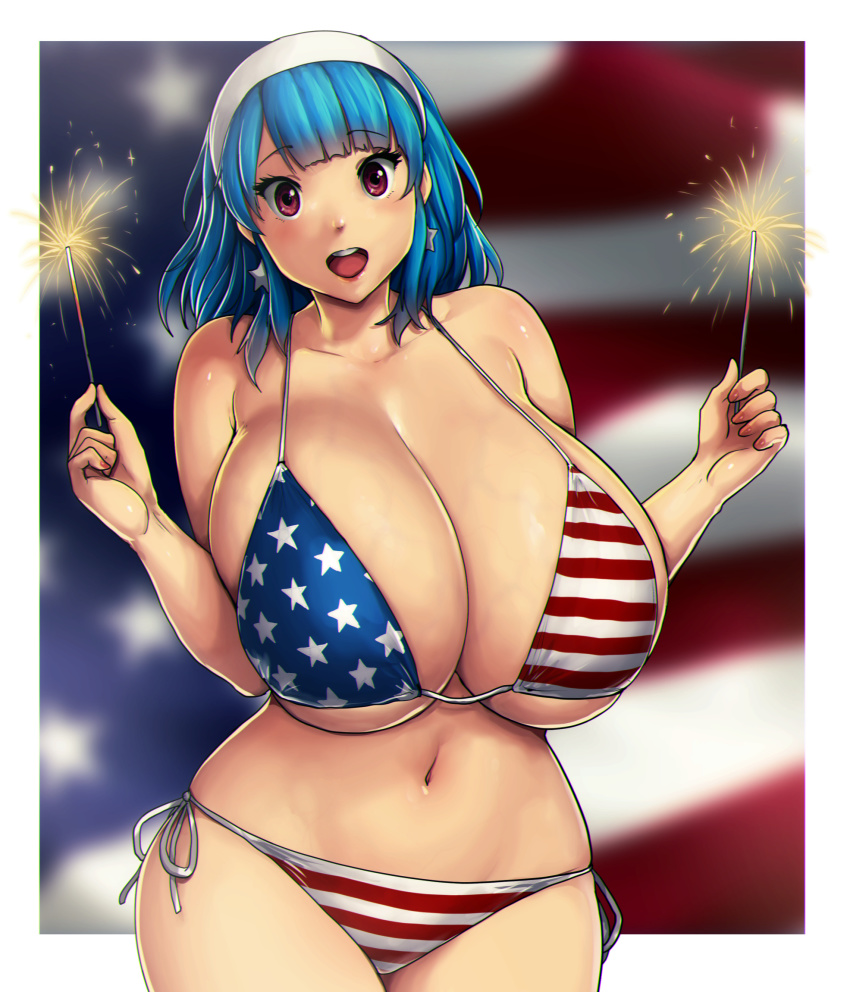 1girl american_flag_bikini american_flag_print bare_shoulders bikini blue_hair bow breasts cleavage curvy erkaz fireworks flag flag_print fourth_of_july hairband highres huge_breasts medium_hair navel open_mouth original print_bikini red_eyes rina_atherina side-tie_bikini_bottom sparkler swimsuit underboob white_bow white_hairband