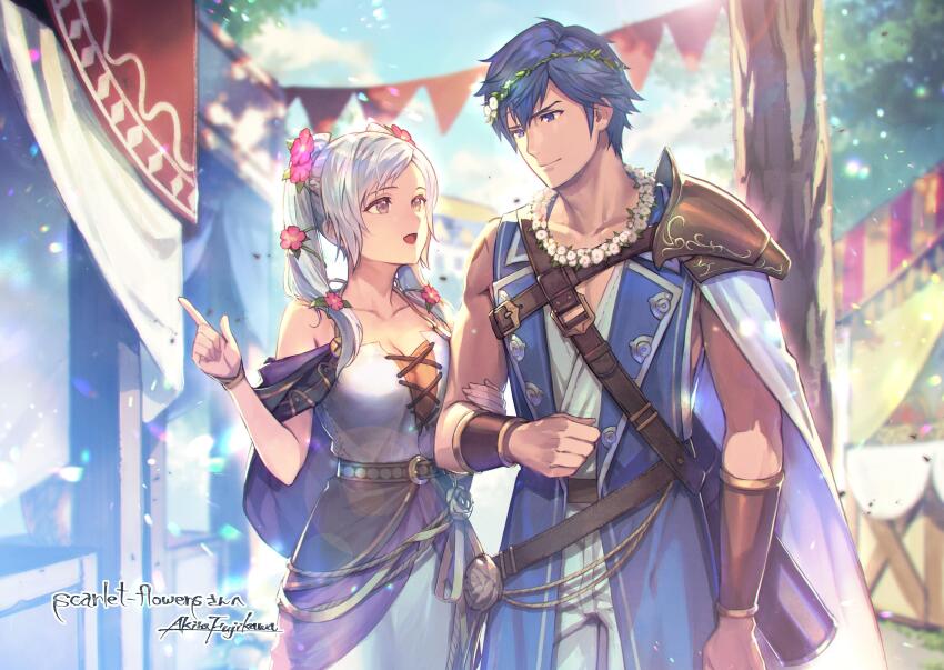 1boy 1girl :d absurdres artist_name bare_shoulders blue_eyes blue_hair blue_sky brand_of_the_exalt breasts brown_eyes chrom_(fire_emblem) chrom_(valentine)_(fire_emblem) cleavage collarbone commentary commissioner_name day dress english_commentary female_robin_(fire_emblem) female_robin_(valentine)_(fire_emblem) fire_emblem fire_emblem_awakening fire_emblem_heroes flower fujikawa_akira grabbing_another&#039;s_arm hair_between_eyes hair_flower hair_ornament head_wreath hetero highres long_hair looking_at_another looking_to_the_side medium_breasts nintendo official_alternate_costume open_mouth outdoors pointing pointing_up second-party_source short_hair sky sleeveless sleeveless_dress smile standing tongue twintails watermark white_dress white_hair