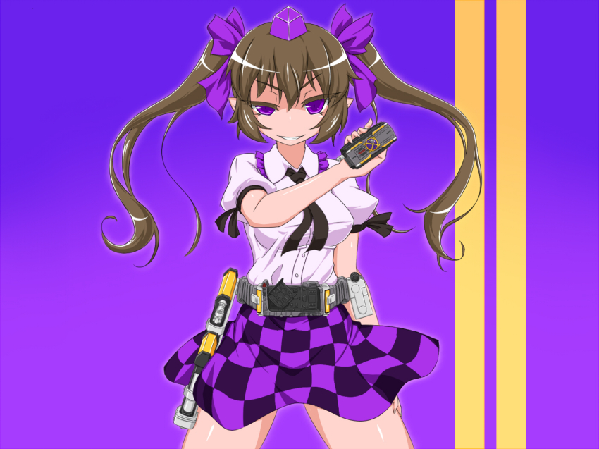 1girl bad_id bad_pixiv_id belt black_wings bow brown_hair cellphone checkered_clothes checkered_skirt crossover female_focus hair_bow hat henshin henshin_pose himekaidou_hatate kamen_rider kamen_rider_555 kamen_rider_kaixa necktie parody phone purple_eyes skirt solo touhou tsukushi_(741789) twintails wings