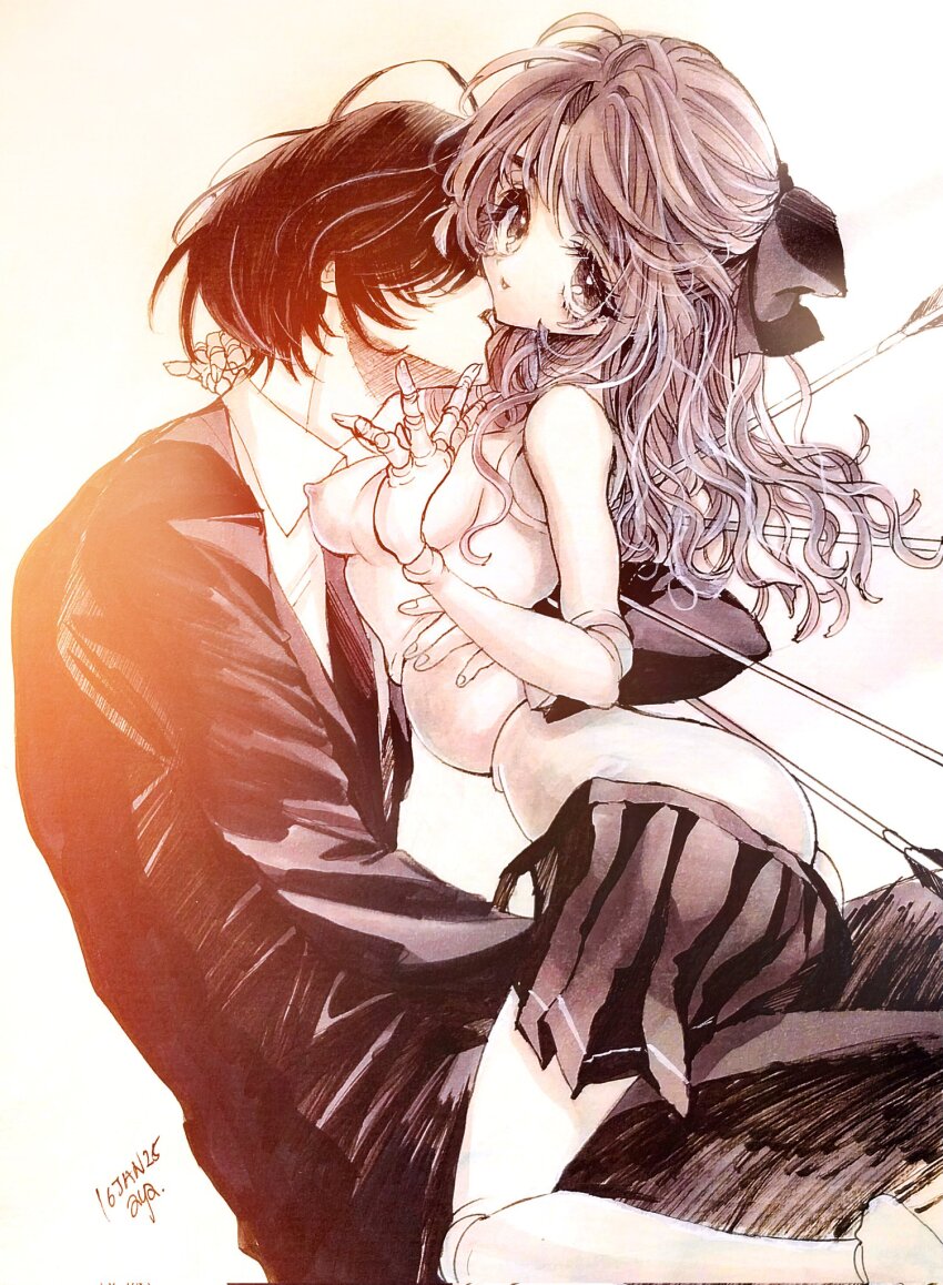 1boy 1girl arrow_(projectile) arrow_in_body ass aya_carmine bow breasts clothes_pull collared_shirt commentary_request doll_joints formal_clothes hair_bow hetero highres hitomi_hirosuke_(sayonara_wo_oshiete) hug joints kiss long_hair monochrome necktie nipples sayonara_wo_oshiete shirt skirt skirt_pull small_breasts suit topless_female traditional_media ueno_koyori wavy_hair