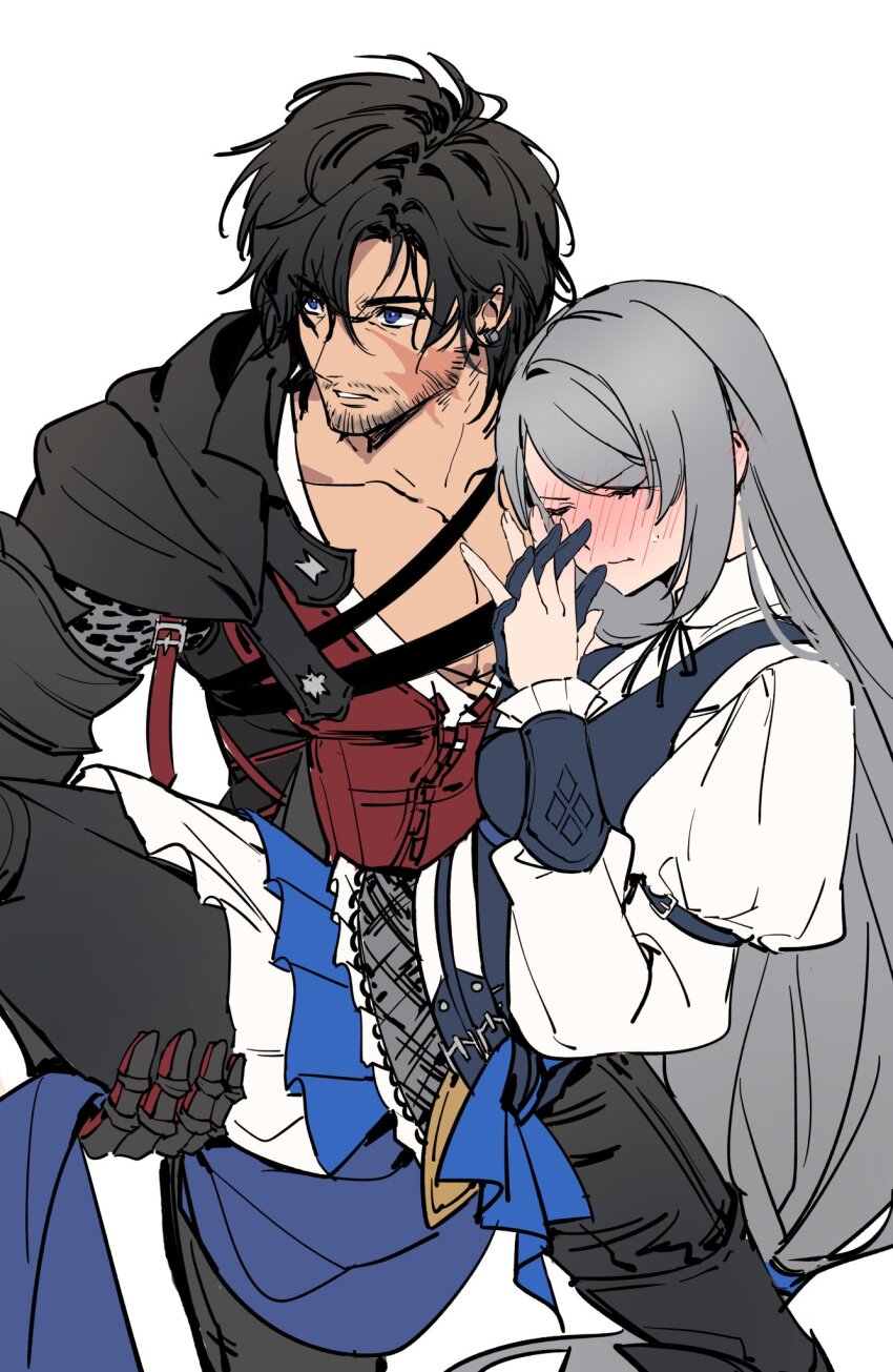 1boy 1girl armor armored_gloves black_cape black_hair blue_eyes cape carrying clive_rosfield closed_eyes couple earrings embarrassed facial_hair final_fantasy final_fantasy_xvi frills highres holding_another&#039;s_thighs jewelry jill_warrick long_hair looking_to_the_side metal_gloves princess_carry scar scar_on_face short_hair simple_background sitting sitting_on_person square_enix tk_(tksnim)