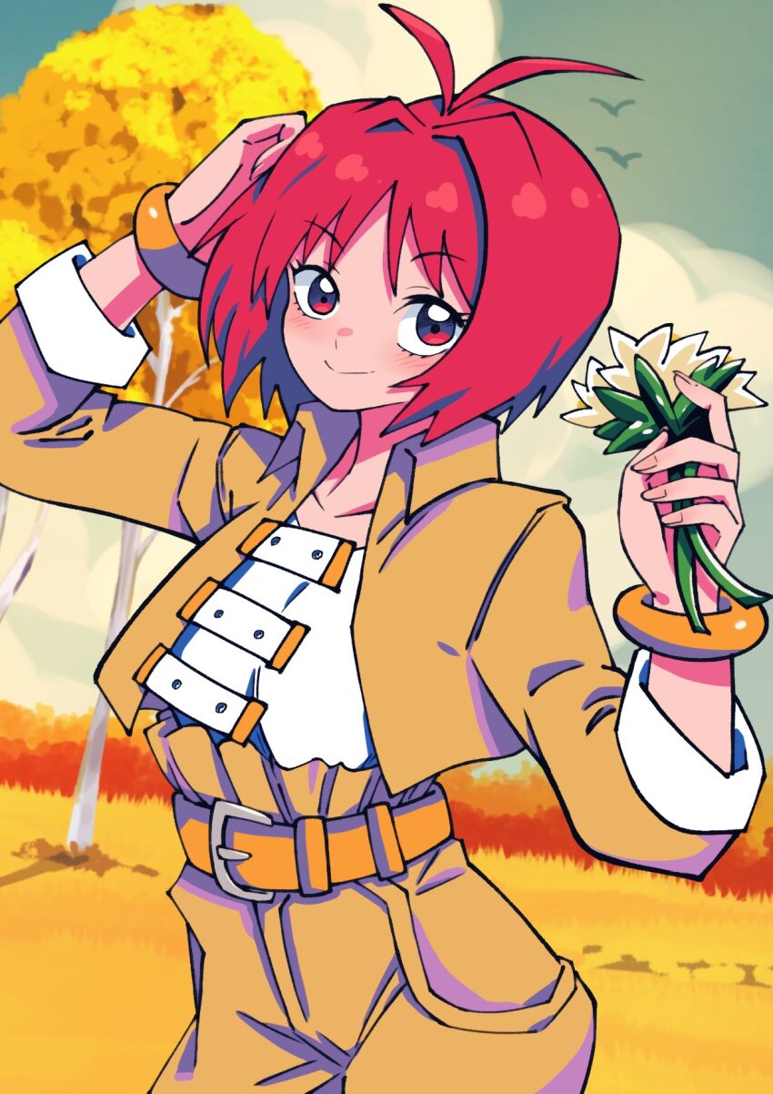 1girl antenna_hair armony_eiselstein batchgooya belt bird closed_mouth collarbone flower fullmetal_alchemist grass highres looking_at_viewer red_eyes red_hair short_hair smile solo tree