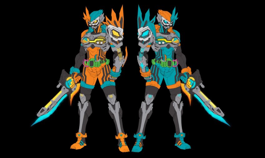 2boys aqua_eyes aqua_gloves aqua_hair armor black_bodysuit bodysuit breastplate catball1994 commentary commentary_request double_action_gamer_level_x rider_belt dual_persona gamer_driver gloves helmet highres holding holding_sword holding_weapon inverted_colors kamen_rider kamen_rider_ex-aid kamen_rider_ex-aid_(series) male_focus mighty_brothers_xx multiple_boys orange_armor orange_eyes orange_gloves orange_hair rider_belt rider_gashat running siblings sword tokusatsu twins weapon