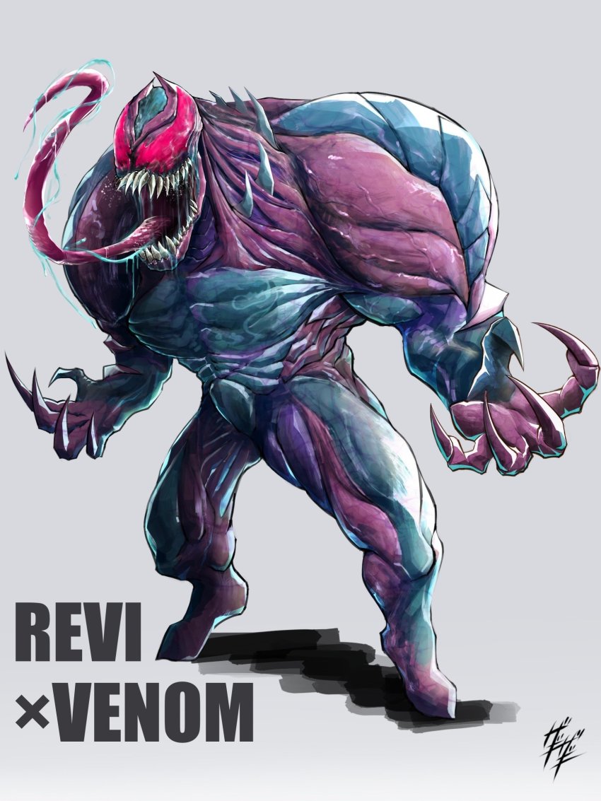 1boy blue_skin colored_skin commentary_request cowboy_shot crossover english_text fingernails full_body fusion grey_background highres kamen_rider kamen_rider_revi kamen_rider_revice long_fingernails long_fingers long_tongue marvel monster monster_boy monsterification multicolored_skin name_connection pink_skin purple_skin red_eyes shade shadow sharp_teeth signature simple_background teeth tongue tongue_out venom_(marvel) zagizagi