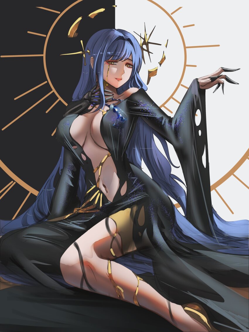 1girl absurdres arcana_(reverse:1999) black_background black_dress blue_hair breasts breasts_apart colored_tears dress feet_out_of_frame hand_up highres large_breasts long_dress long_hair long_sleeves looking_at_viewer navel no_bra notgustiarp official_alternate_costume plunging_neckline reverse:1999 shoes side_slit single_tear sitting smile solo two-tone_background very_long_hair wand_in_head white_background wide_sleeves yellow_eyes yellow_shoes yokozuwari