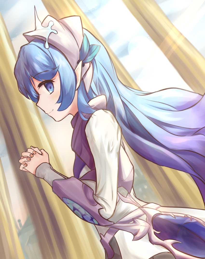 1girl blue_eyes blue_hair dress duel_monster from_side gradient_hair haifuyoete_(roco_kingdom) highres long_hair looking_at_viewer multicolored_hair own_hands_clasped own_hands_together pointy_ears purple_hair roco_kingdom smile solo zemiya