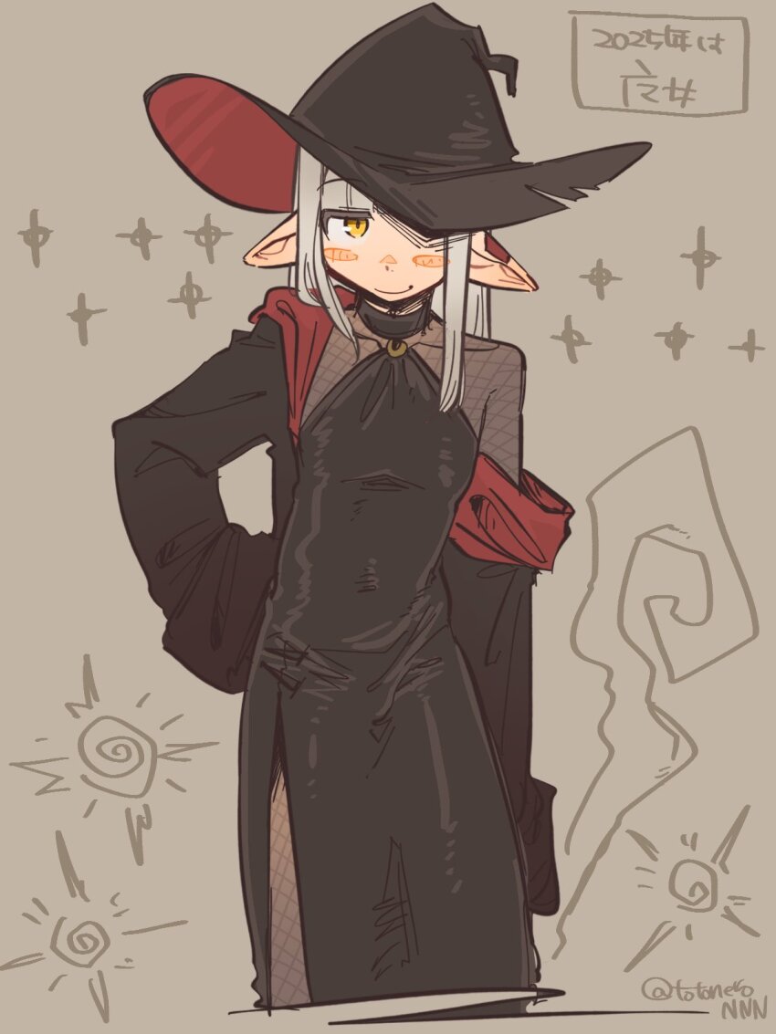 1boy black_dress black_hat bodystocking bodysuit closed_mouth commentary_request cropped_legs crossdressing crossdressing_(mtf) dress fishnet_bodystocking fishnets grey_background hand_on_own_hip hat hat_over_one_eye highres long_sleeves looking_at_viewer male_focus orange_eyes original pointy_ears side_slit simple_background smirk solo sparkle torn_clothes torn_hat totonero trap twitter_username wide_sleeves witch_hat