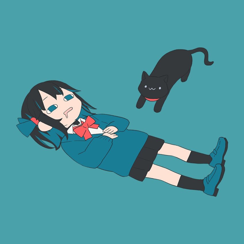 1girl :3 black_cat black_choker black_hair black_skirt black_socks blank_stare blue_background blue_eyes blue_hair blue_ribbon blue_shoes blue_sweater bow bowtie cat choker collared_shirt colored_inner_hair commentary_request drooling empty_eyes full_body gyari_(imagesdawn) hair_ribbon hands_on_own_stomach kneehighs loafers lying medium_hair miniskirt miyamai_moca mouth_drool multicolored_hair official_art on_back open_mouth pleated_skirt red_bow red_bowtie ribbon school_uniform shinchoku_dame_dame_desu_(synthesizer_v) shirt shoes simple_background skirt socks solo sweater swept_bangs synthesizer_v v-neck voicepeak white_shirt