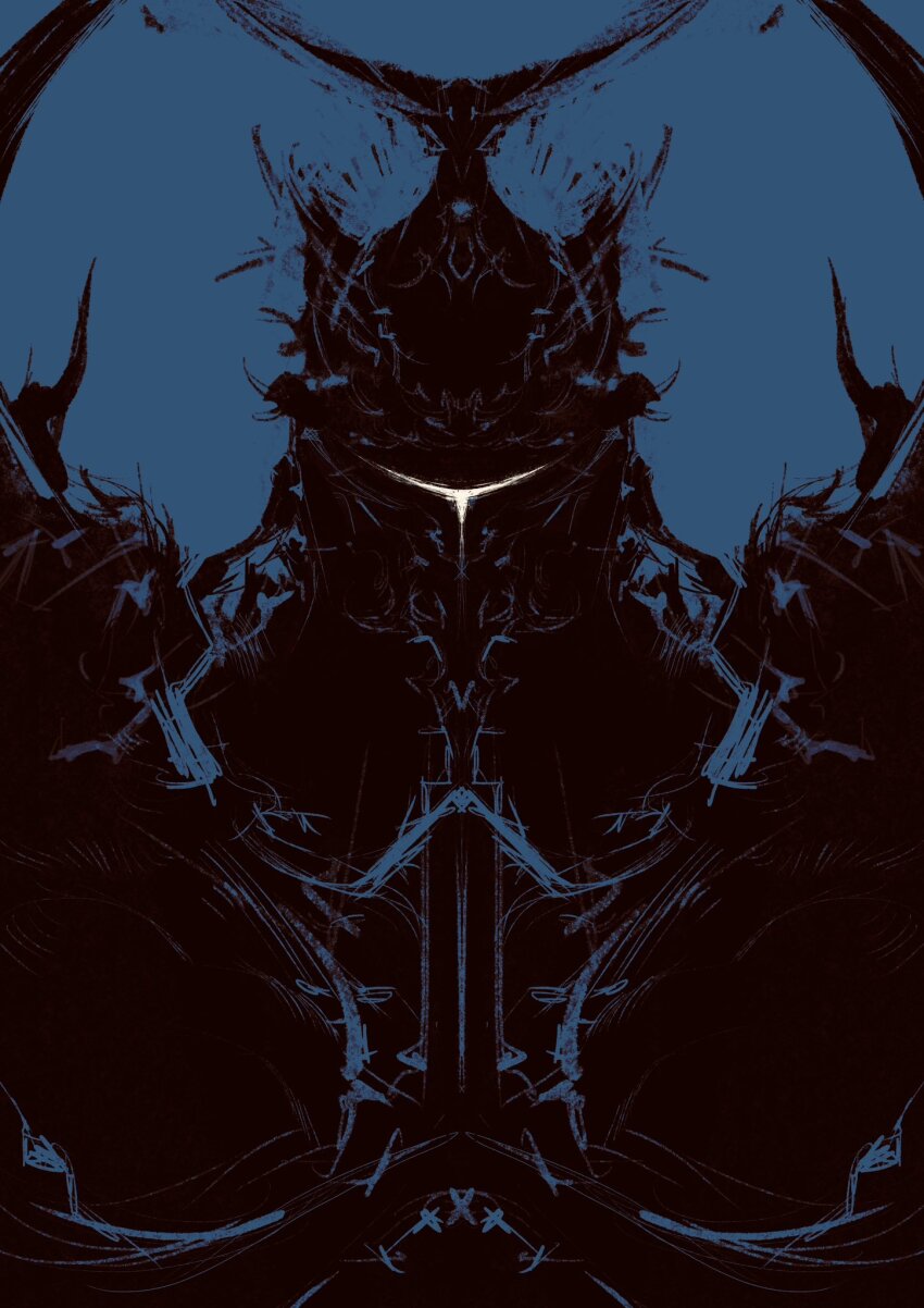 1boy armor blue_background breastplate commentary_request exdeath fake_horns final_fantasy final_fantasy_v helmet highres horned_helmet horns kannoaki knight limited_palette male_focus pauldrons shoulder_armor simple_background solo straight-on upper_body