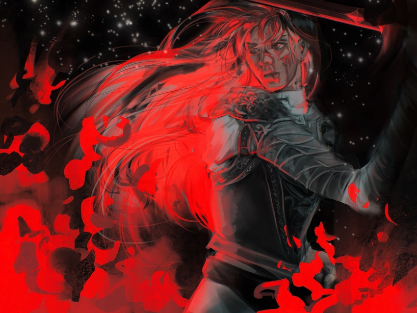 1girl armor blood blood_on_face brown_eyes brown_hair burning glowing glowing_hair highres holding holding_sword holding_weapon jung_heewon long_hair macaronijail night night_sky omniscient_reader&#039;s_viewpoint red_theme sky solo sparkling_eyes star_(sky) starry_sky sword upper_body very_long_hair weapon