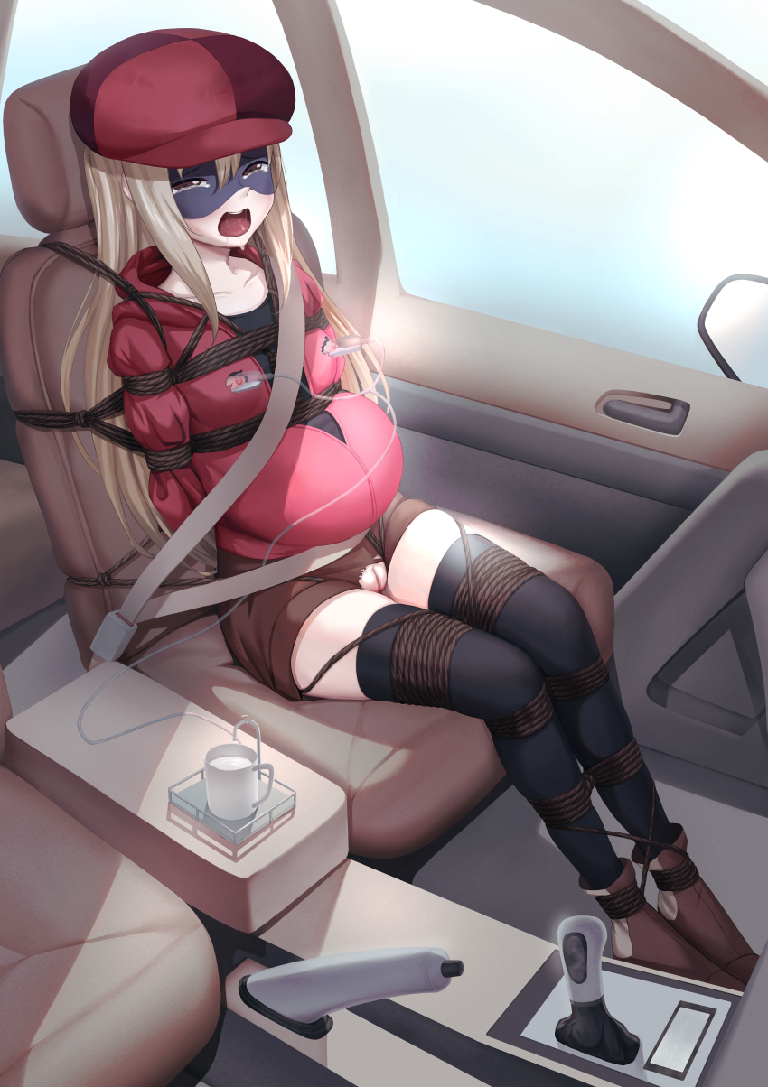 1girl absurdres ahegao arms_behind_back bdsm black_shirt black_thighhighs big_belly blonde_hair blush bondage boots bound bound_arms bound_legs bound_torso breast_milk breasts brown_eyes car car_interior collarbone crotch_rope crying crying_with_eyes_open disguise doma_umaru drooling female_focus flat_chest hair_between_eyes hat highres himouto!_umaru-chan himouto!_umaru-chan_r huge_filesize indoors jacket lactation long_hair looking_ahead looking_at_viewer looking_to_the_side mask mirror motor_vehicle nipple_cutout nipples open_mouth outdoors ponytail pregnant public_bondage public_indecency pussy pussy_cutout red_hat red_jacket saliva saliva_trail seatbelt sex_toy shibari shibari_over_clothes shirt short_shorts shorts sidelocks skin_tight skindentation small_breasts solo tabby_(8401431) tearing_up tears teeth thighhighs thighs tongue tongue_out torn_clothes uncensored very_long_hair zettai_ryouiki