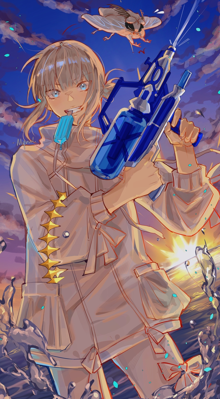 1boy absurdres blanca_(fate) blue_eyes blue_sky bug cloud cowboy_shot fate/grand_order fate_(series) food gradient_sky grey_hair highres holding holding_water_gun insect jacket long_sleeves looking_at_viewer male_focus moth mouth_hold oberon_(fate) oberon_(refreshing_summer_prince)_(fate) official_alternate_costume orange_sky popsicle purple_sky sky smile tenkiame_(myonl) wading water water_gun white_jacket