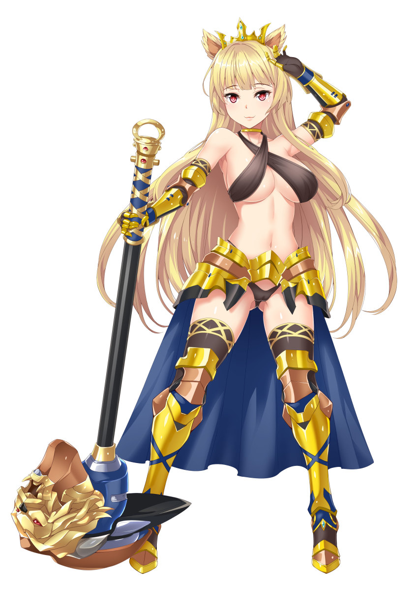 1girl absurdres animal_ears arm_up armored_boots black_bra black_panties black_thighhighs blonde_hair blue_cape boots bra breasts cameltoe cape choker cleavage collarbone crown female_focus floating_hair full_body gauntlets gluteal_fold halterneck highres holding holding_weapon large_breasts lili_avl long_hair looking_at_viewer magical_phose_prism_girl panties red_eyes sidelocks simple_background smile solo standing thigh_boots thighhighs underboob underwear very_long_hair waist_cape war_hammer warhammer weapon white_background yellow_boots