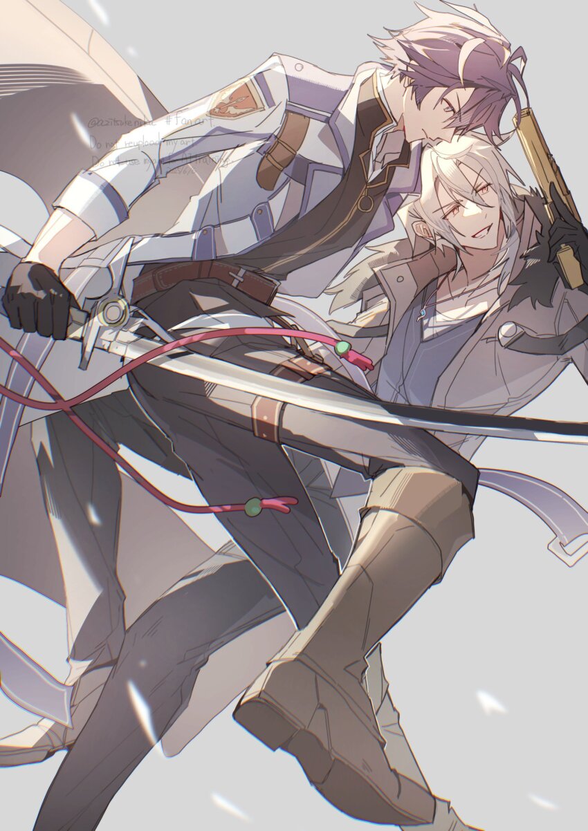 2boys ahoge azitsukeniku black_gloves black_hair coat crow_armbrust double-parted_bangs eiyuu_densetsu english_text fur_collar gloves grey_background gun hair_between_eyes handgun highres holding holding_gun holding_sword holding_weapon jewelry katana male_focus mullet multiple_boys parted_bangs pendant pommel_tassel purple_eyes rean_schwarzer sen_no_kiseki sen_no_kiseki_(series) sen_no_kiseki_iii sen_no_kiseki_iv short_hair simple_background sword watermark weapon white_hair wing_collar yellow_eyes