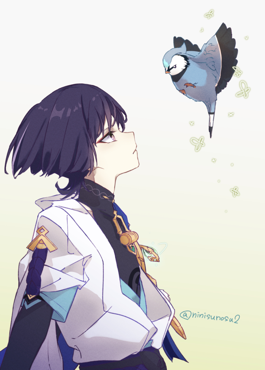 1boy aqua_gemstone belt bird black_belt black_bodysuit black_bow black_bridal_gauntlets blue_kimono blue_sleeves blunt_ends bodysuit bow bridal_gauntlets closed_mouth expressionless eyeliner eyeshadow feathers finch from_side gem genshin_impact gold han&#039;eri highres japanese_clothes kimono layered_kimono layered_sleeves looking_at_animal looking_up makeup male_focus ninisunosu2 open_clothes open_kimono purple_eyes purple_hair purple_rope purple_sash red_eyeliner red_eyeshadow rope sash scaramouche_(genshin_impact) short_sleeves solo turtleneck turtleneck_bodysuit twitter_username vision_(genshin_impact) wanderer_(genshin_impact) white_background white_kimono white_sleeves yellow_feathers