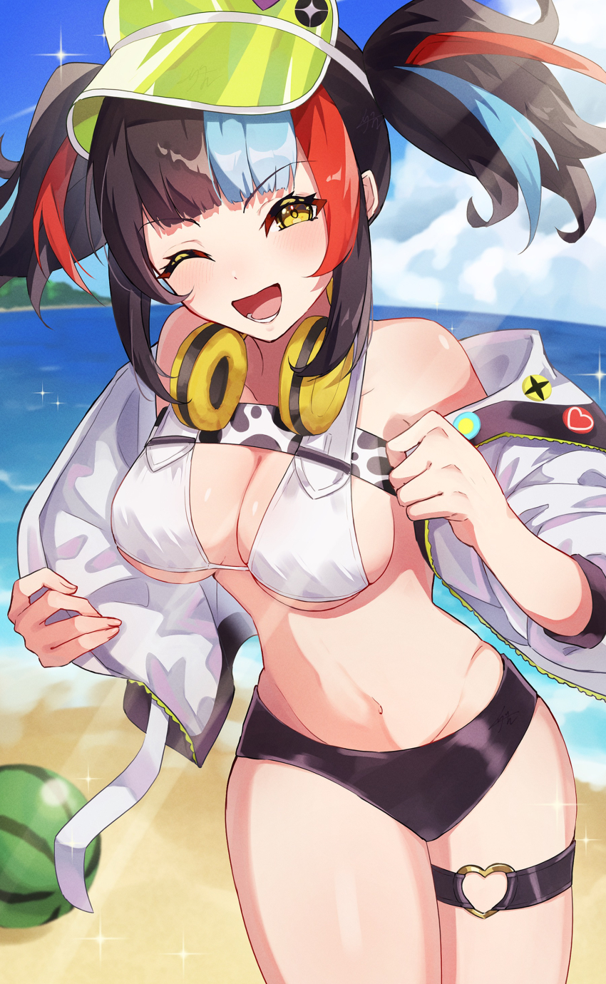 1girl absurdres beach bikini breasts fate/grand_order fate_(series) food fruit headphones headphones_around_neck highres izanaware_game jacket large_breasts multicolored_hair navel ocean sei_shounagon_(fate) sei_shounagon_(swimsuit_berserker)_(fate) sei_shounagon_(swimsuit_berserker)_(first_ascension)_(fate) swimsuit thigh_strap twintails visor_cap watermelon white_jacket yellow_eyes