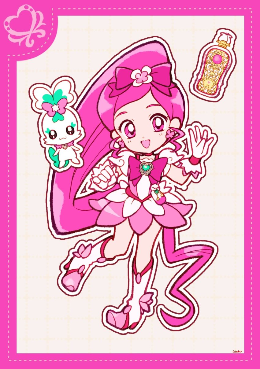 1girl absurdly_long_hair boots border bottle bow bowtie brooch choker chypre_(heartcatch_precure!) cure_blossom deformed dot_nose dotted_line dress earrings eyelashes flower flower_dress flower_earrings footwear_flower frilled_gloves frills full_body gloves green_brooch grey_background grid_background hair_bow hair_flower hair_ornament hanasaki_tsubomi happy heart heart_brooch heartcatch_precure! high_heel_boots high_heels high_ponytail highres jewelry knee_boots long_hair magical_girl open_mouth outline perfume_bottle pink_bag pink_border pink_bow pink_bowtie pink_eyes pink_flower pink_hair ponytail precure puffy_short_sleeves puffy_sleeves red_choker ringlets short_dress short_sleeves signature smile square_neckline tareme uwded_207 very_long_hair waist_bag wavy_hair white_boots white_dress white_gloves white_outline