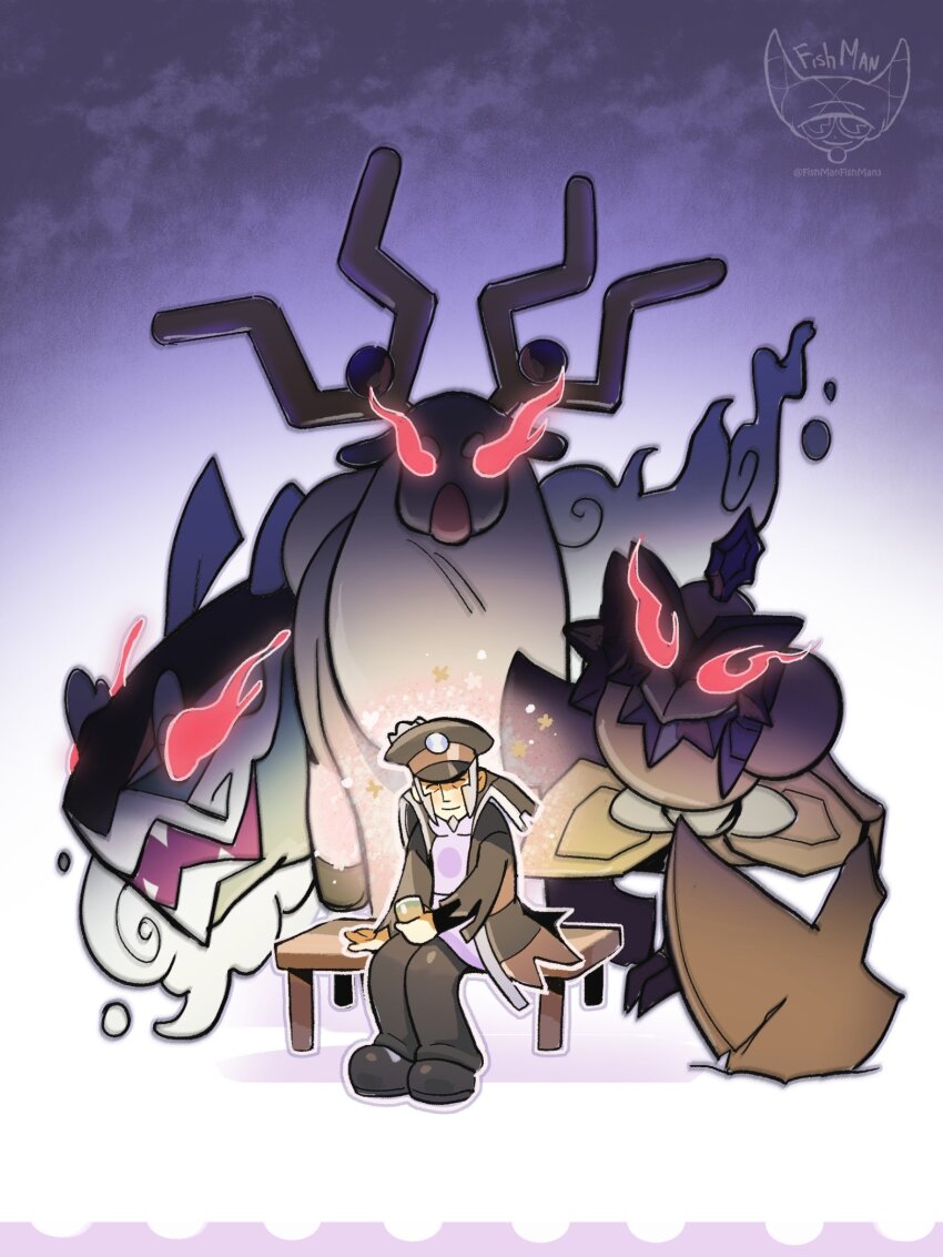 1boy antlers artist_name basculegion basculegion_(female) commentary deer english_commentary fish fishmanfishman3 glowing glowing_eyes gradient_background green_background highres horns ingo_(pokemon) kleavor nintendo on_bench open_mouth pokemon pokemon_(creature) pokemon_legends:_arceus red_eyes sharp_teeth sitting teeth twitter_username wyrdeer