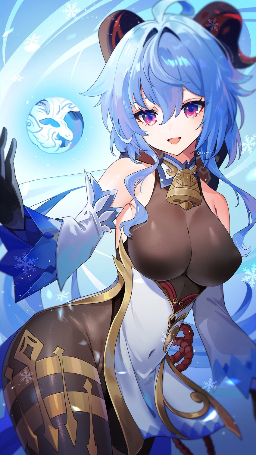 1girl absurdres ahoge arched_back armpit_crease bare_shoulders bell black_gloves blue_hair bodystocking breasts cowboy_shot detached_collar detached_sleeves ganyu_(genshin_impact) genshin_impact gloves goat_horns gold_trim hair_between_eyes highres horns long_hair long_sleeves looking_at_viewer medium_breasts open_mouth orb pelvic_curtain ponytail purple_eyes red_rope rope smile snowflakes yasaikakiage