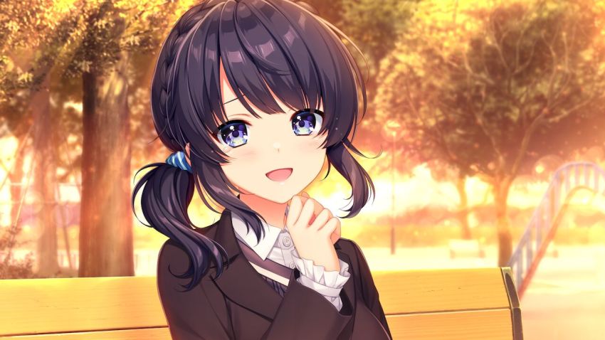 1girl :d alpha_(yukai_na_nakamatachi) bench black_hair black_jacket blue_eyes blue_scrunchie blush collared_shirt dress_shirt dusk game_cg hair_ornament hair_over_shoulder hair_scrunchie jacket long_hair long_sleeves looking_at_viewer open_mouth outdoors scrunchie shirt sitting smile solo sousaku_kanojo_no_renai_koushiki striped_clothes striped_scrunchie tears tsukimizaka_kiriha upper_body white_shirt wing_collar
